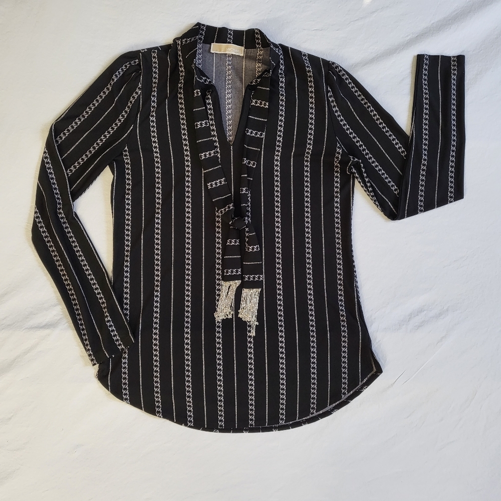 Black Michael Kors shirt with white chain stripe, metal fringe tie